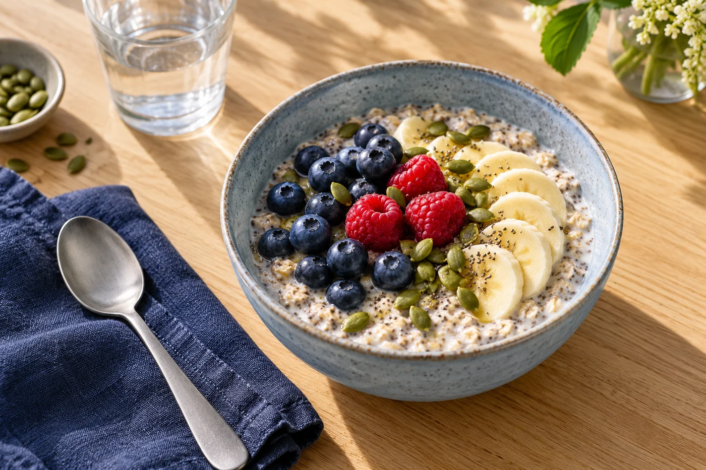 Overnight oats with fruit in a pale blue bowl.