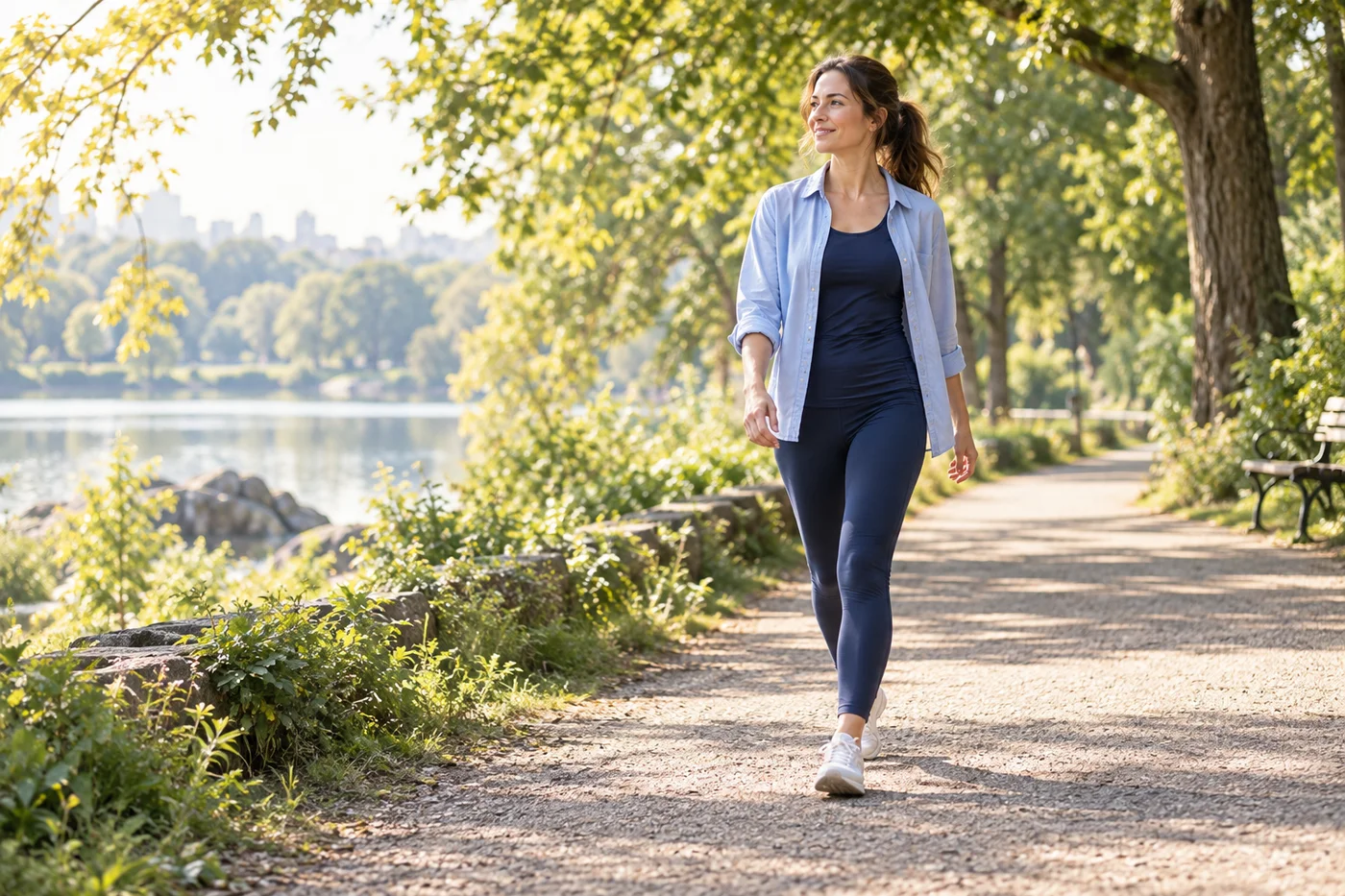 A woman enjoying a quiet morning walk along a tree-lined path.