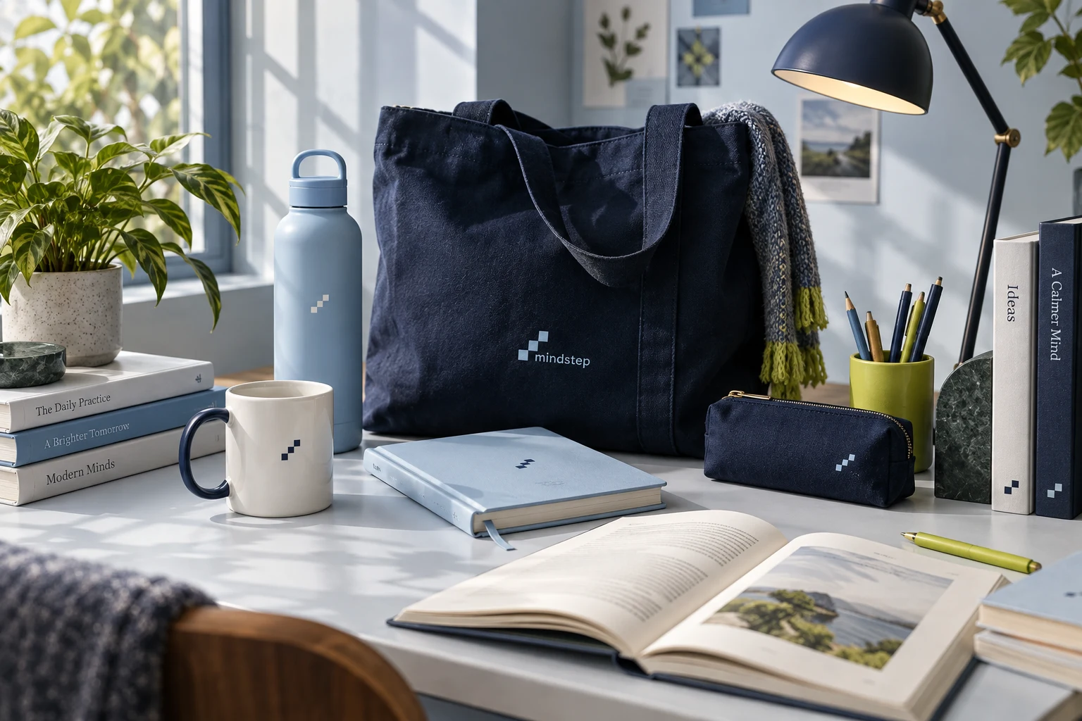Mindstep Initiative everyday support collection in a sunlit setting. Illustrative merchandise concept.